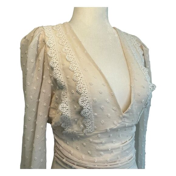 Privy Cropped Lace Blouse Cream Sheer Swiss Dots V-Neck Smocked Long Sleeve S - Picture 2 of 8
